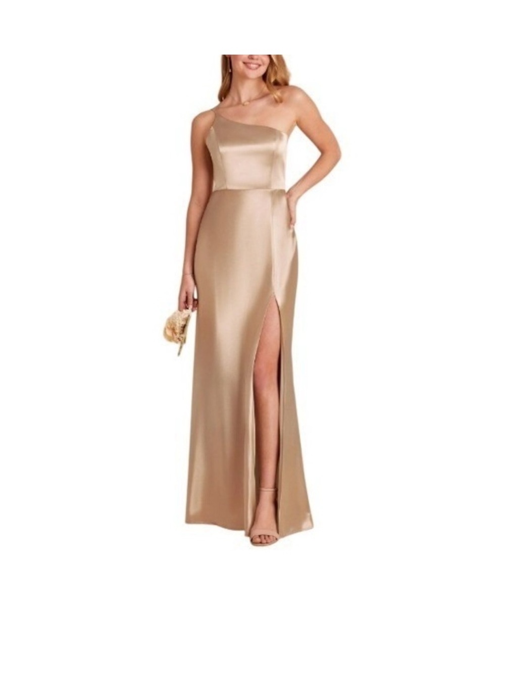 Birdy Grey One-Shoulder Neutral Champagne Shiny Satin Gown